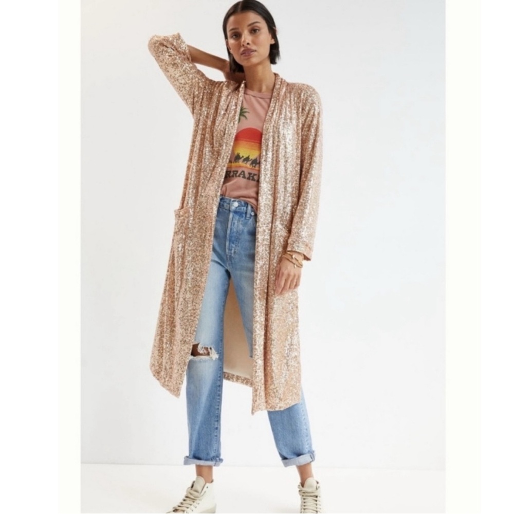 ANTHROPOLOGIE BB DAKOTA SHOW STOPPER ROSE GOLD SEQUIN CARDIGAN DUSTER 1X